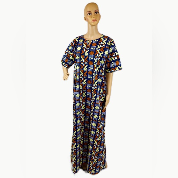 Brown Multicolor Handmade Cotton African Print Ankara Kaftan Maxi Dress - Picture 5 of 6